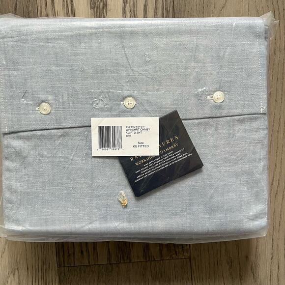 Ralph Lauren Workshirt Chambray King Size Fitted Sheet Blue NEW - Picture 2 of 3